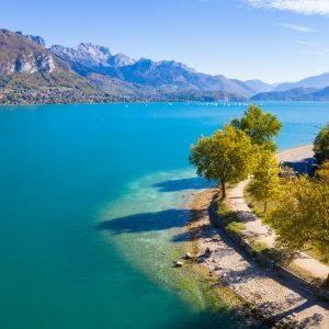 Aerial view of Annecy lake waterfront in France
